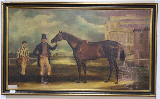 English School, oil on canvas, Victorian style study of a racehorse, owner and jockey, 58 x 101cm